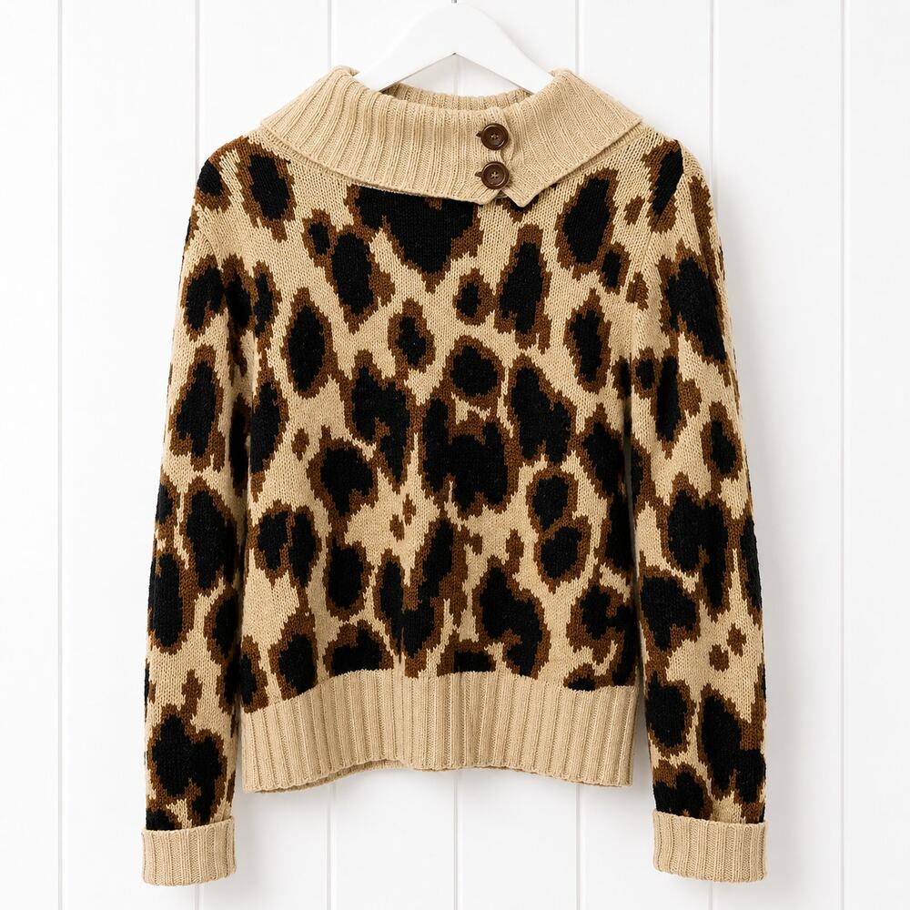 Northern Isles Leopard Print Sweater Women's XL Mock Neck Button Knit Pullover